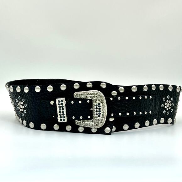 Vintage Leatherock Wide Hip Belt L Black Leather Rhinestone Studded Y2K Rockstar main image 4